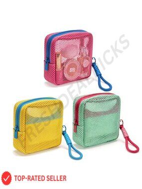 See Through Mesh Cosmetic Bag with Detachable Hand Strap, Travel & Organizer